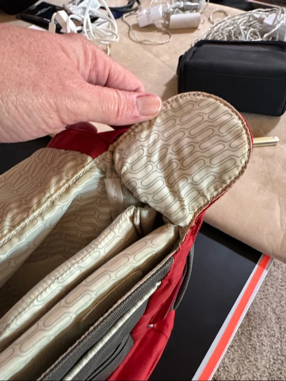 Tumi Red Messenger Bag with Gray Accent. Expandable. Laptop section.